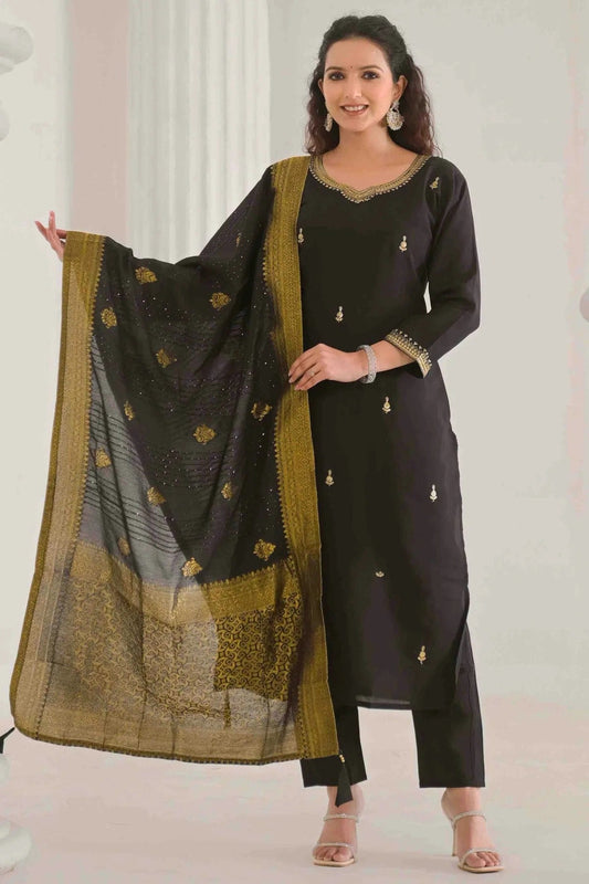 Black Viscose Chanderi Stitched Pant Style Suit NCSS11110191