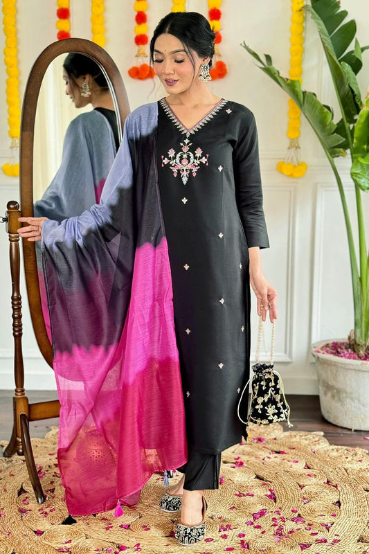 Black Viscose Chanderi Stitched Salwar Suit NCSS11111575