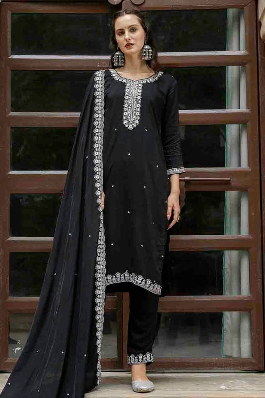 Black Viscose Roman Silk Stitched Pant Style Suit NCSS11110182