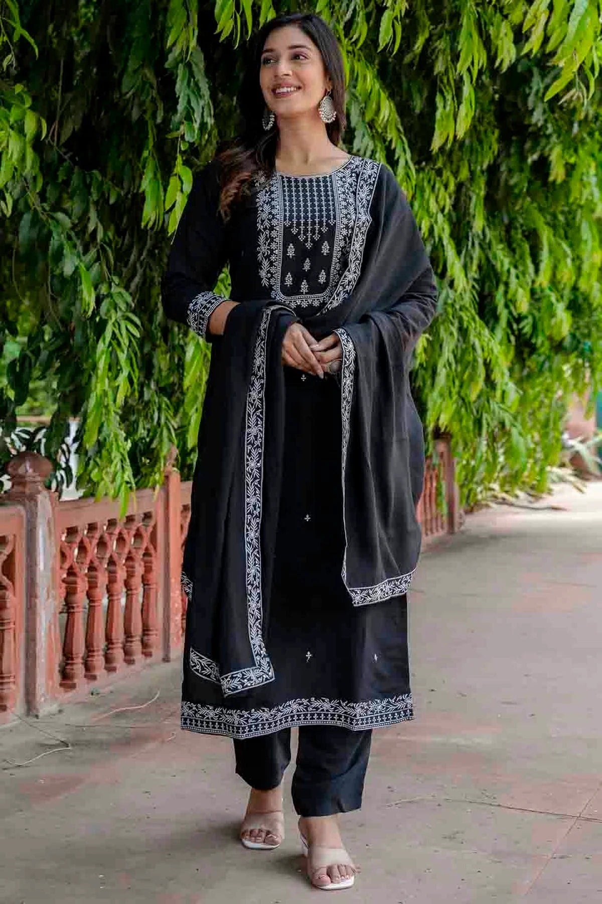 Black Viscose Roman Silk Stitched Pant Style Suit NCSS11110188