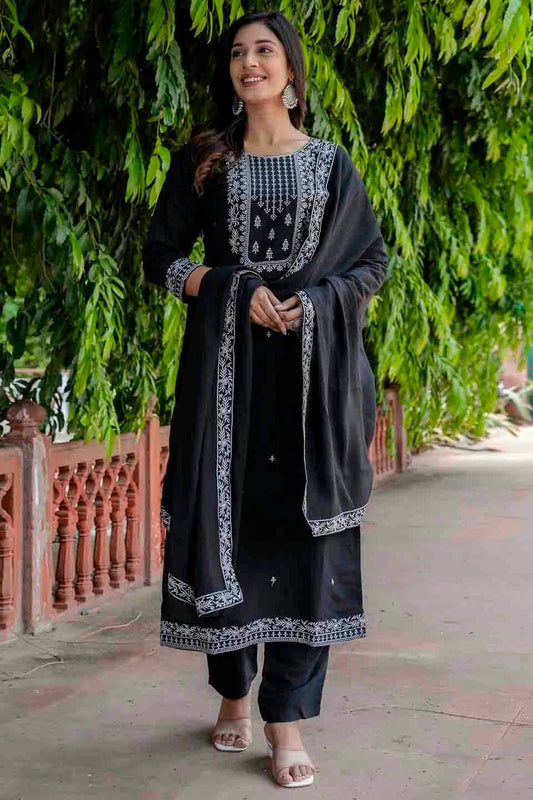 Black Viscose Roman Silk Stitched Pant Style Suit NCSS11110188