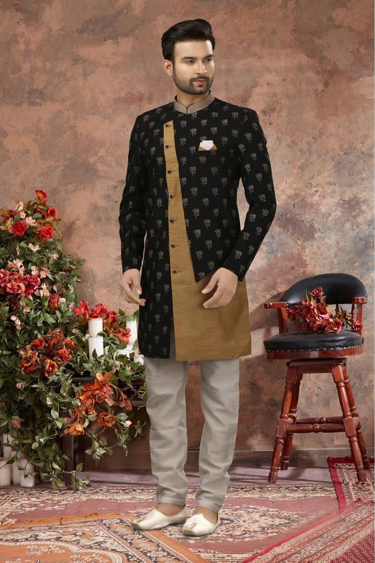 Black and Beige Jacquard Digital Print Sherwani NCSH10410430