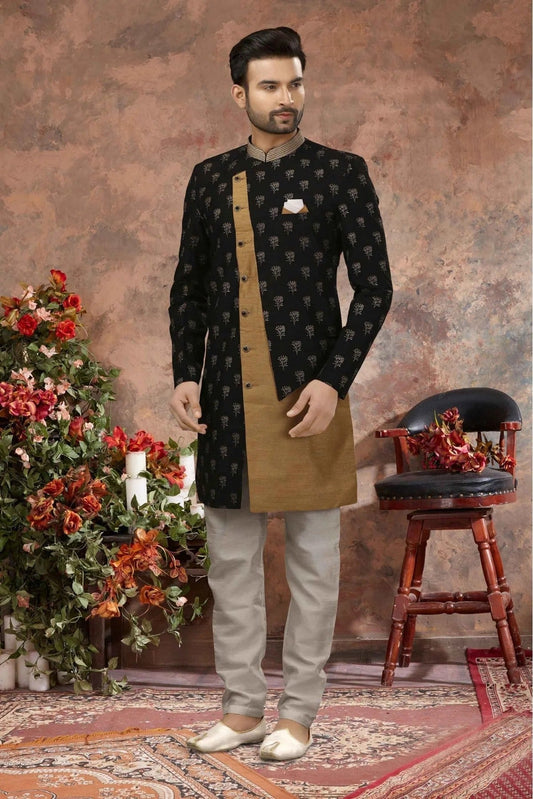 Black and Beige Jacquard Digital Print Sherwani NCSH10410430