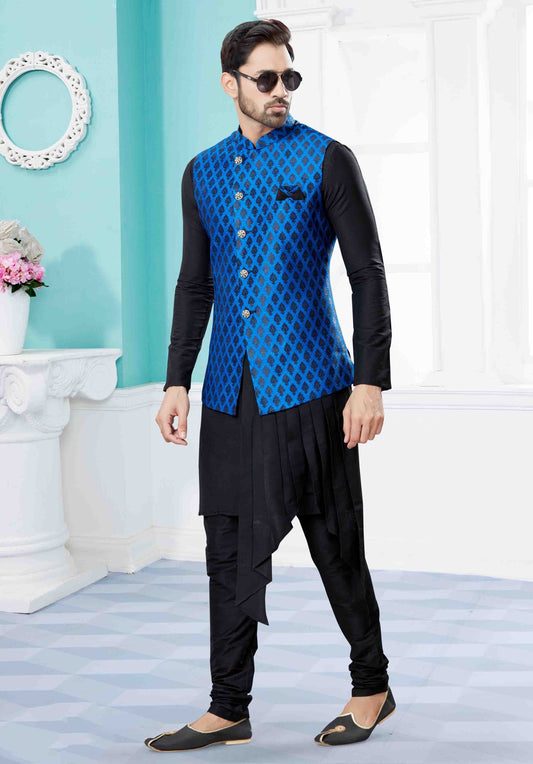 Black and Blue Indo Western In Silk Dupion NCSH10410547