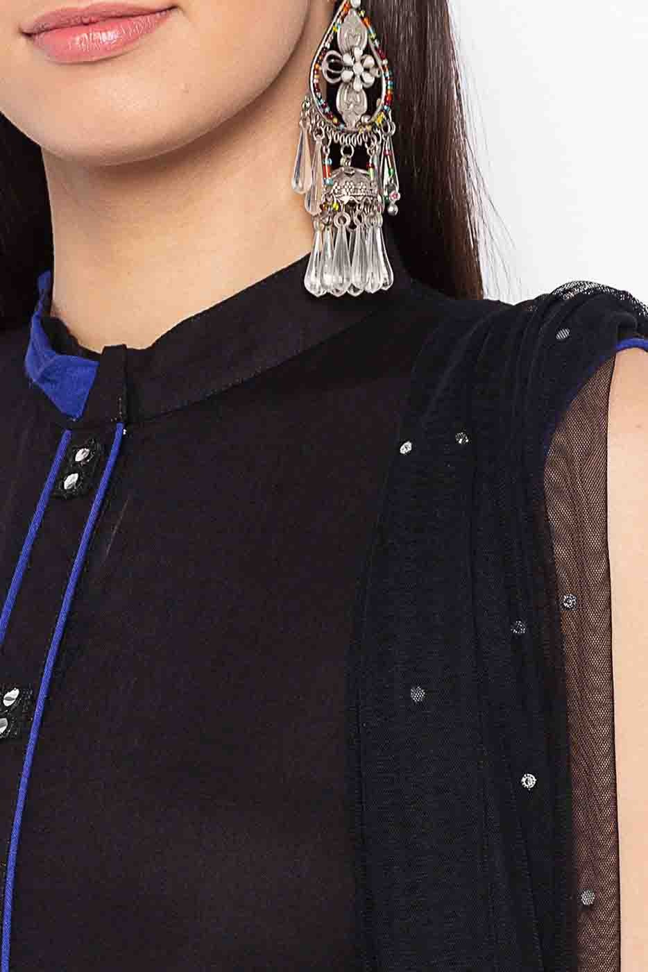 Black and Blue Plus Size Stitched Cotton Embroidery Pant Style Suit NCSS10710612