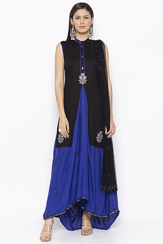 Black and Blue Plus Size Stitched Cotton Embroidery Pant Style Suit NCSS10710612