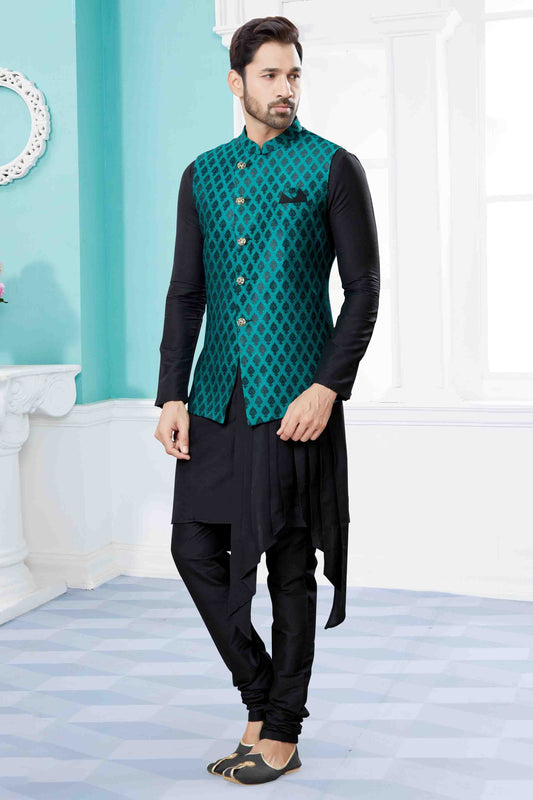 Black and Green Indo Western In Silk Dupion NCSH10410549