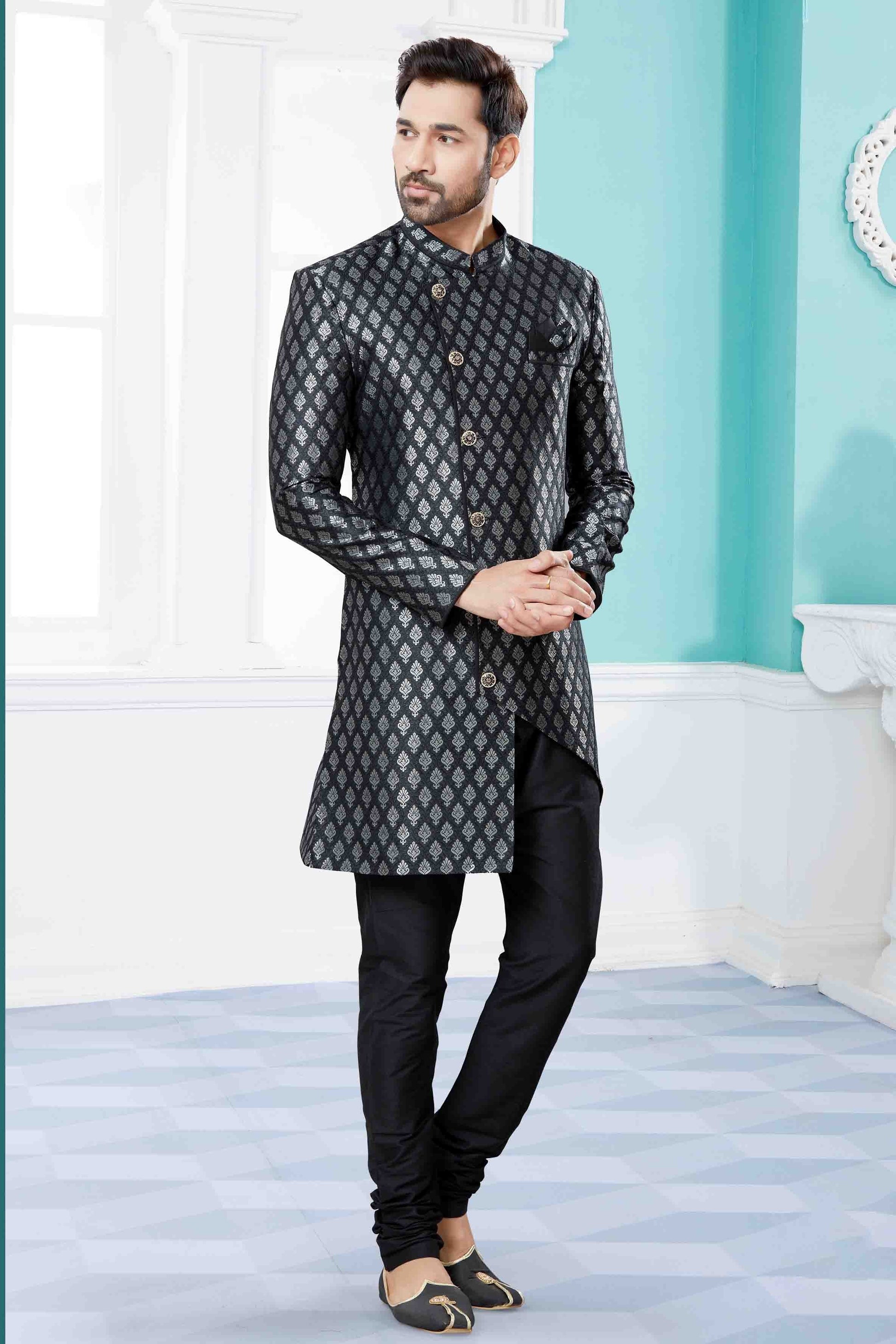 Black and Grey Indo Western In Banarasi Jacquard NCSH10410534