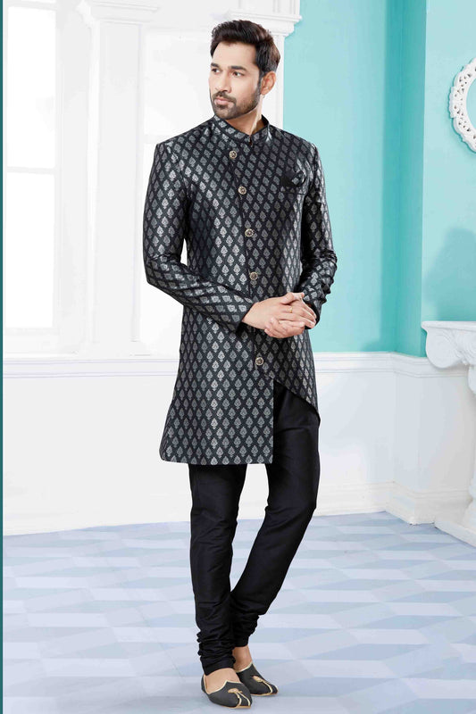 Black and Grey Indo Western In Banarasi Jacquard NCSH10410534