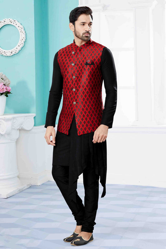 Black and Maroon Indo Western In Silk Dupion NCSH10410553