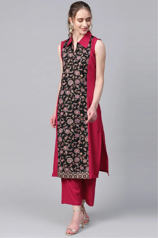 Black and Pink Plus Size Crepe Straight Kurta Palazzo Set NCKR10610106