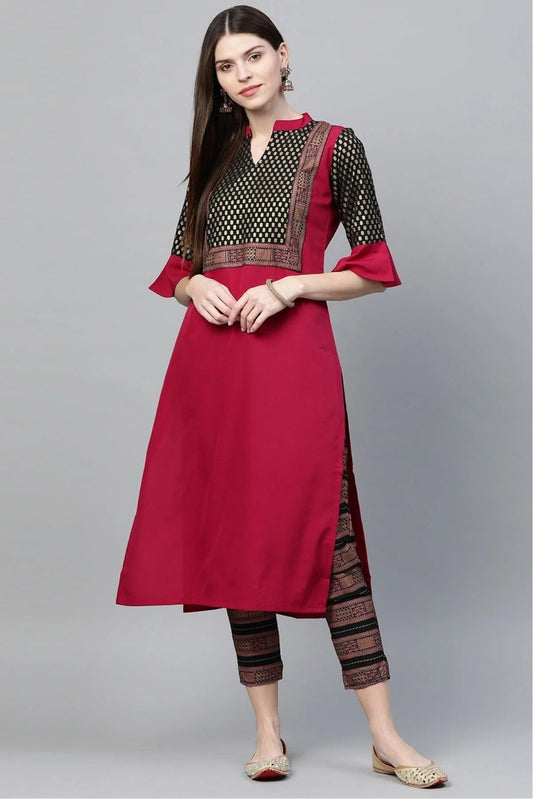 Black and Pink Plus Size Crepe Straight Kurta Pant Set NCKR10610147