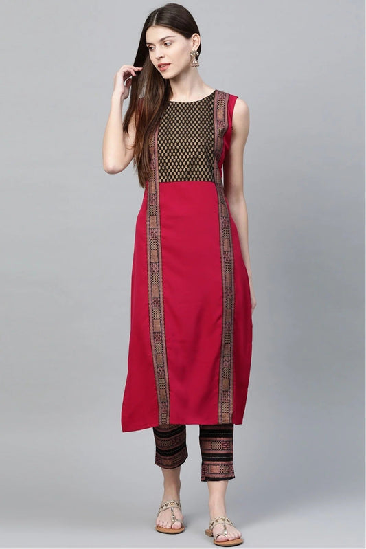 Black and Pink Plus Size Crepe Straight Kurta Pant Set NCKR10610148