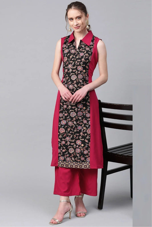 Black and Pink Plus Size Crepe Straight Kurti NCKR10610185