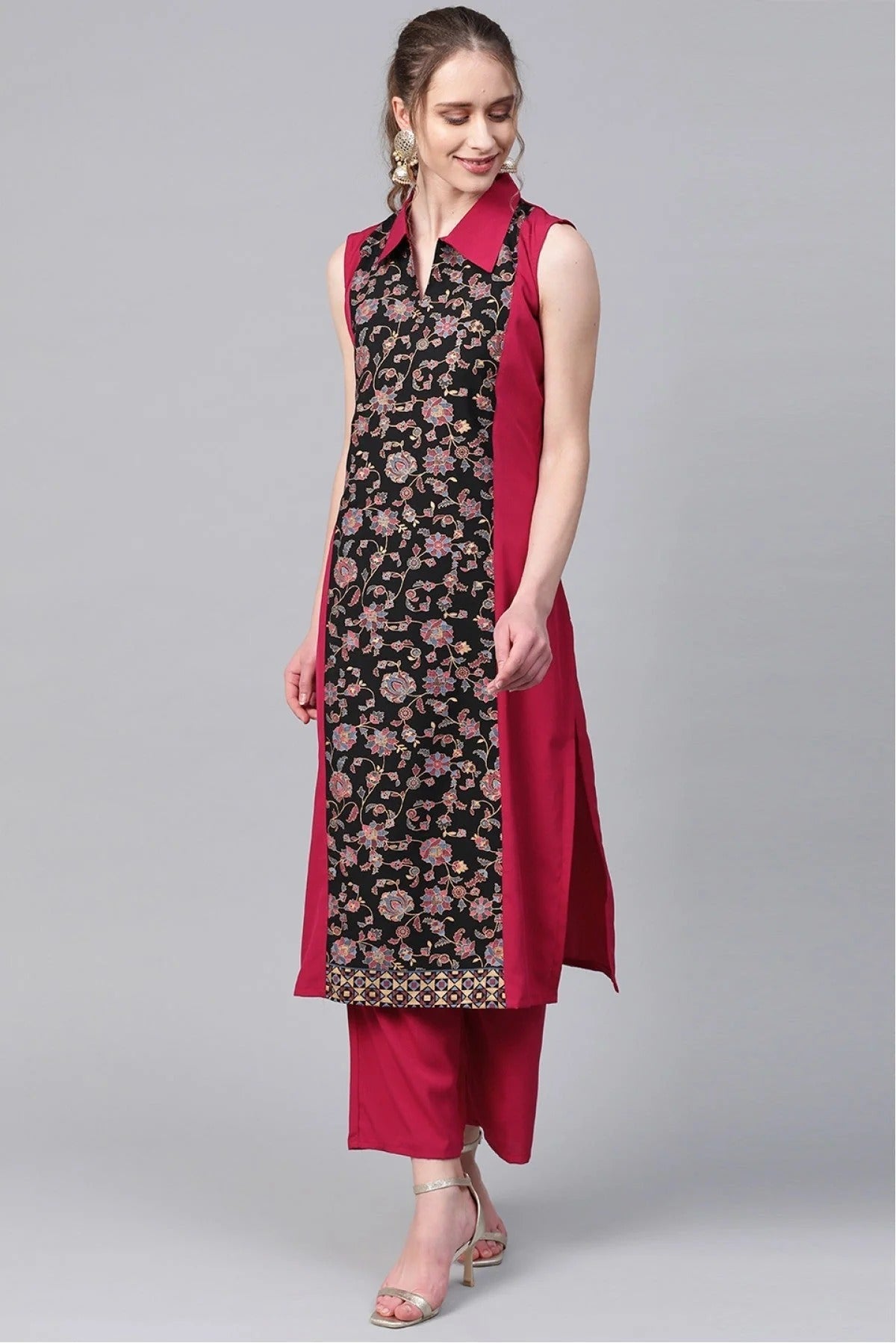 Black and Pink Plus Size Crepe Straight Kurti NCKR10610185