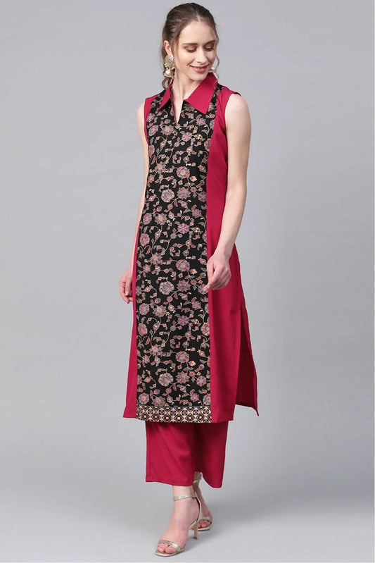 Black and Pink Plus Size Crepe Straight Kurti NCKR10610185