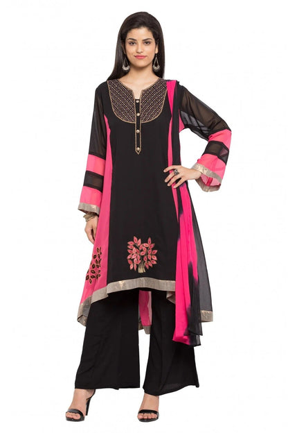 Black and Pink Plus Size Stitched Faux Georgette Palazzo Pant Suit NCSS10710476