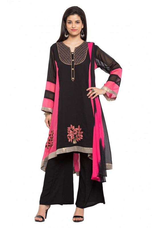 Black and Pink Plus Size Stitched Faux Georgette Palazzo Pant Suit NCSS10710476