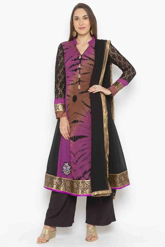 Black and Purple Plus Size Stitched Georgette Embroidery Palazzo Pant Suit NCSS10710509