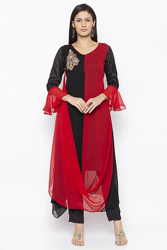 Black and Red Plus Size Georgette Embroidery Kurta Set NCKR10710409