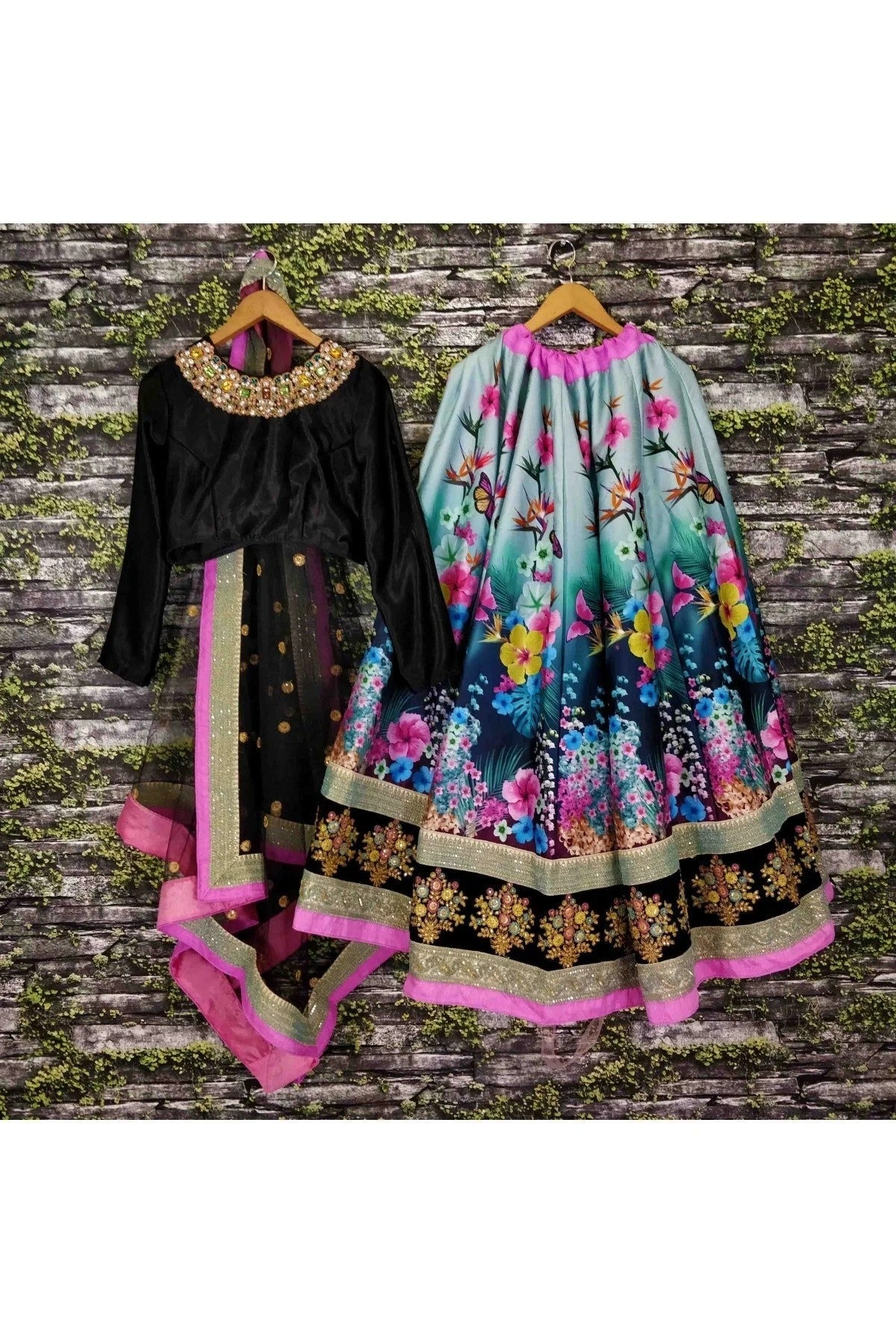 Black and Sky Blue Art Silk Lehenga Choli NCLC10110246