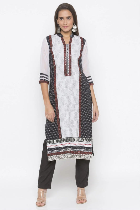 Black and White Plus Size Cotton Embroidery Kurta Set NCKR10710346