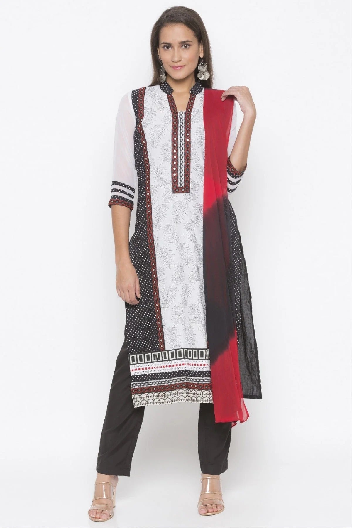 Black and White Plus Size Stitched Cotton Embroidery Pant Style Suit NCSS10710599