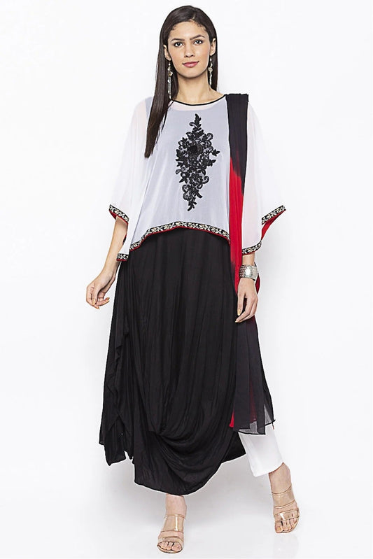 Black and White Plus Size Stitched Cotton Embroidery Pant Style Suit NCSS10710613