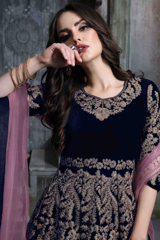 Blue 9000 Velvet Semi Stitched Anarkali Suit NCSM10510377