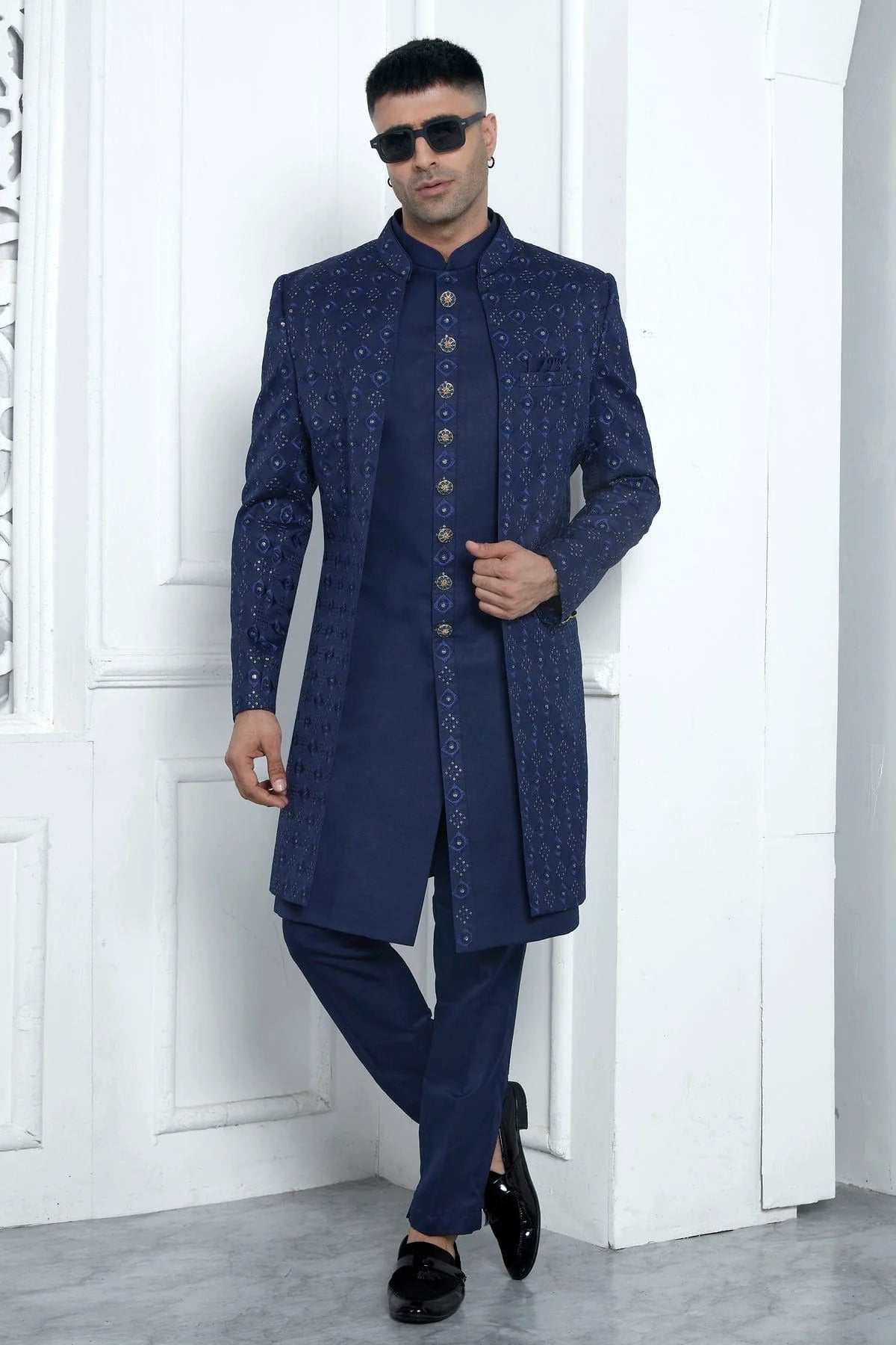 Blue Art Silk Indowestern Sherwan With Aligadhi Pant  NCSH12310352