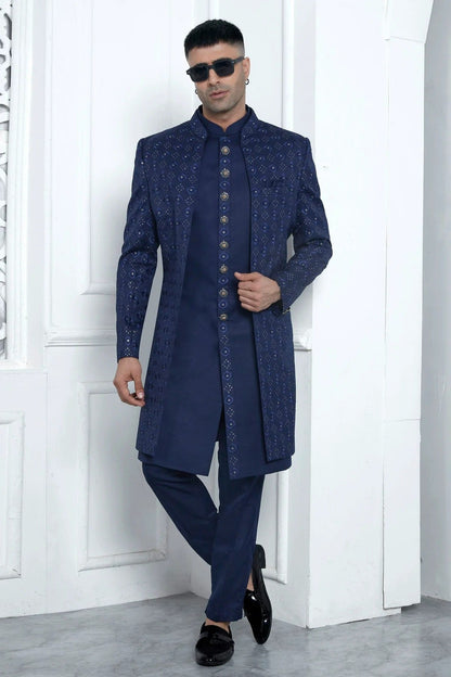 Blue Art Silk Indowestern Sherwan With Aligadhi Pant  NCSH12310352