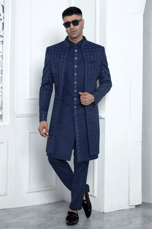 Blue Art Silk Indowestern Sherwan With Aligadhi Pant  NCSH12310352