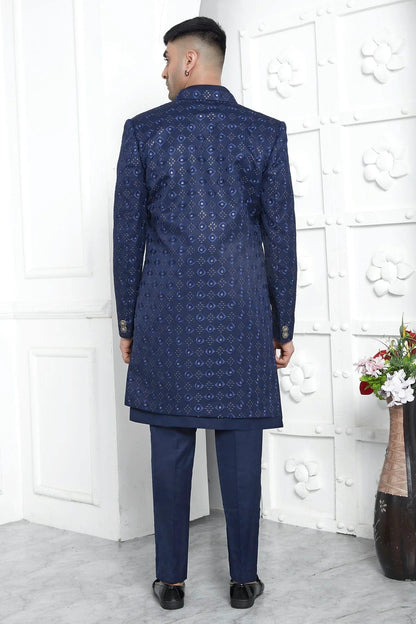 Blue Art Silk Indowestern Sherwan With Aligadhi Pant  NCSH12310352