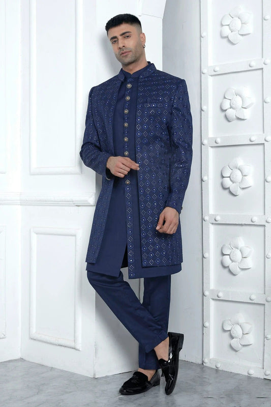 Blue Art Silk Indowestern Sherwan With Aligadhi Pant NCSH12310352