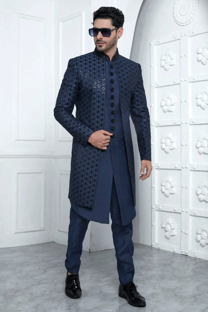 Blue Art Silk Indowestern Sherwan With Aligadhi Pant  NCSH12310356