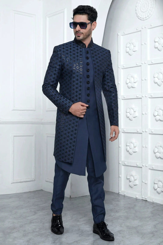 Blue Art Silk Indowestern Sherwan With Aligadhi Pant  NCSH12310356