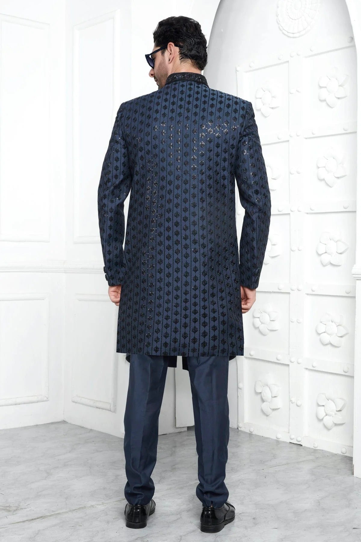 Blue Art Silk Indowestern Sherwan With Aligadhi Pant  NCSH12310356