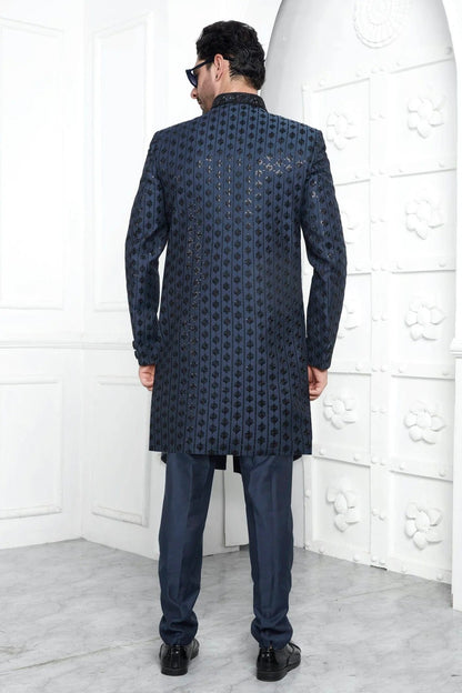 Blue Art Silk Indowestern Sherwan With Aligadhi Pant  NCSH12310356