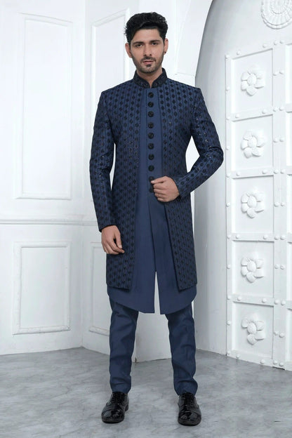 Blue Art Silk Indowestern Sherwan With Aligadhi Pant NCSH12310356