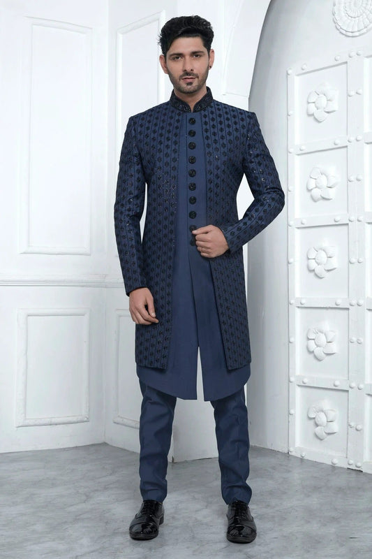 Blue Art Silk Indowestern Sherwan With Aligadhi Pant NCSH12310356