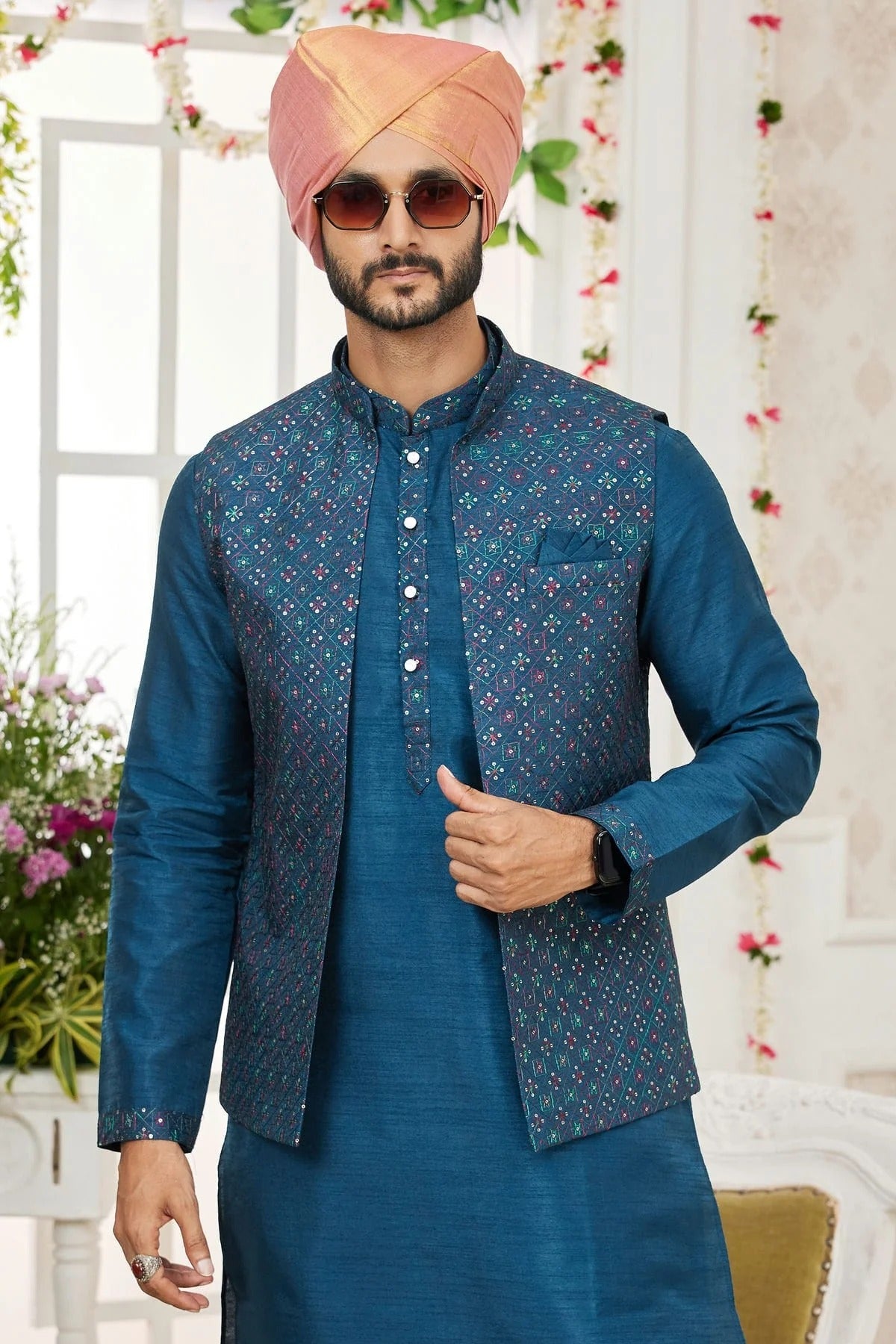 Blue Art Silk Kurta PajamaWith Jacket  NCKP12310105