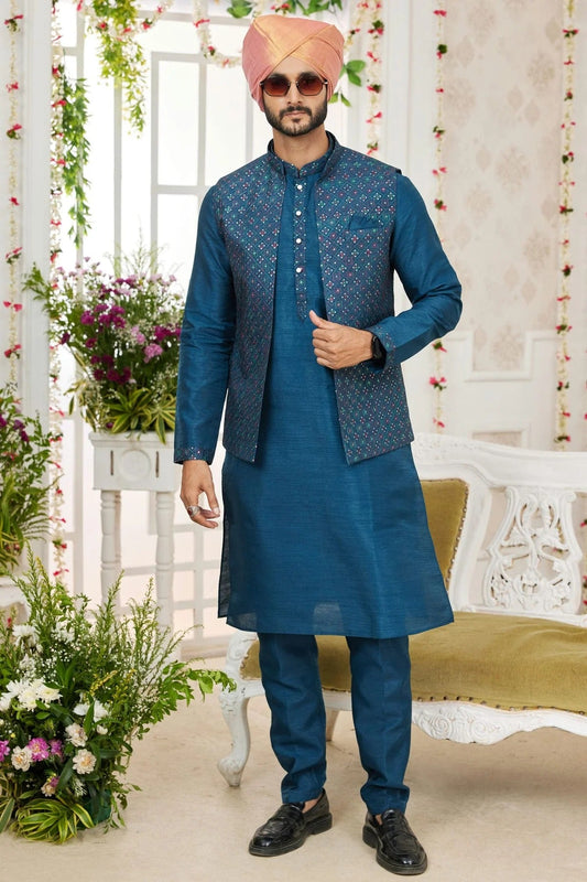 Blue Art Silk Kurta PajamaWith Jacket NCKP12310105