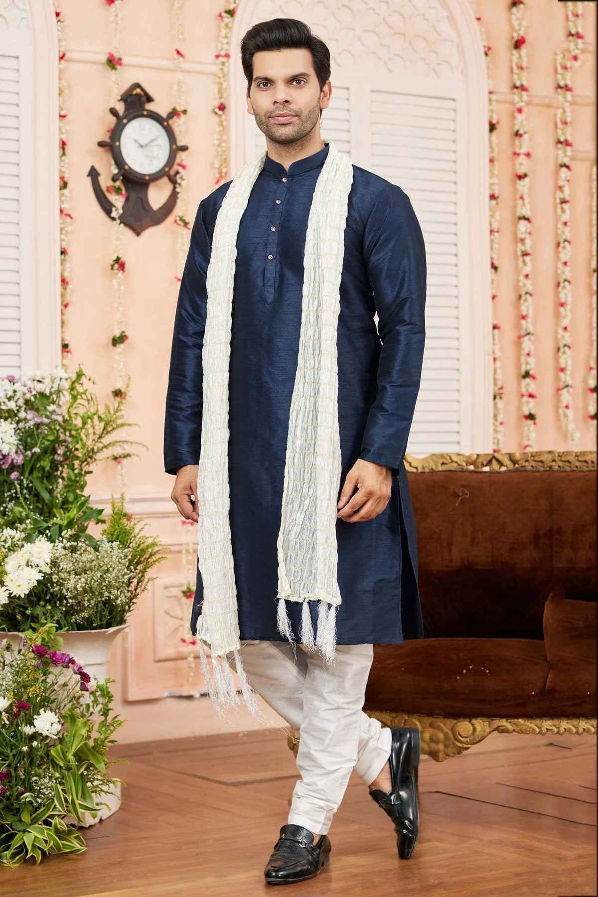 Blue Art Silk Kurta PajamaWith Stole NCKP12310130