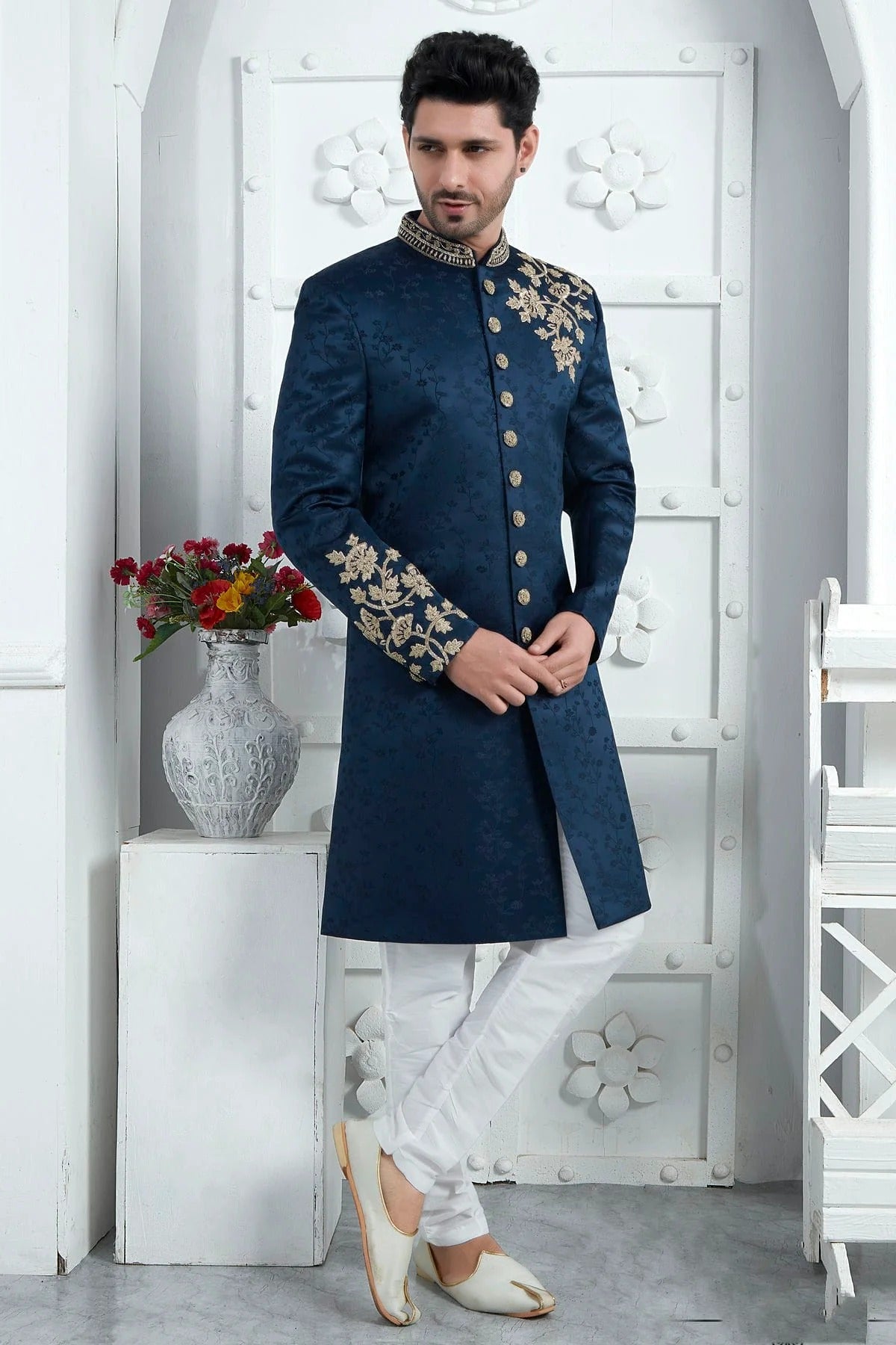 Blue Art Silk Sherwan With Churidar Pant NCSH12310293
