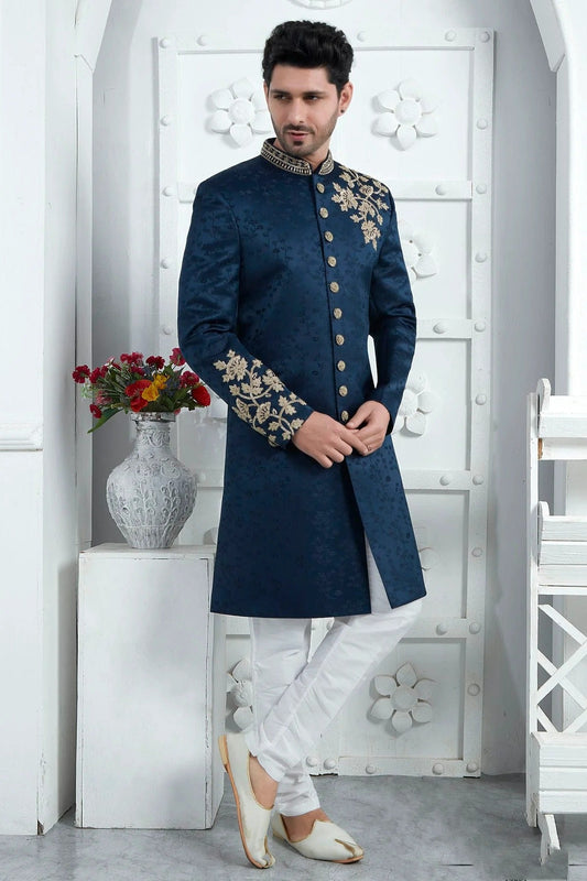 Blue Art Silk Sherwan With Churidar Pant NCSH12310293