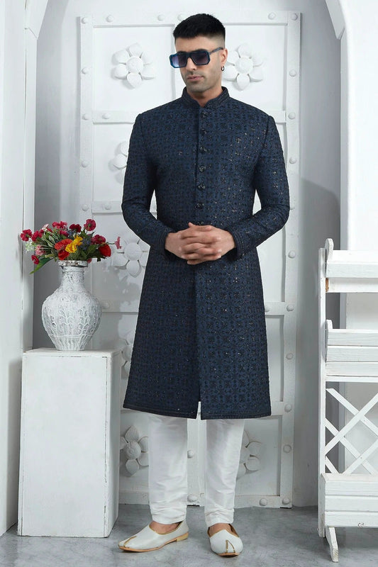 Blue Art Silk Sherwan With Churidar Pant  NCSH12310294