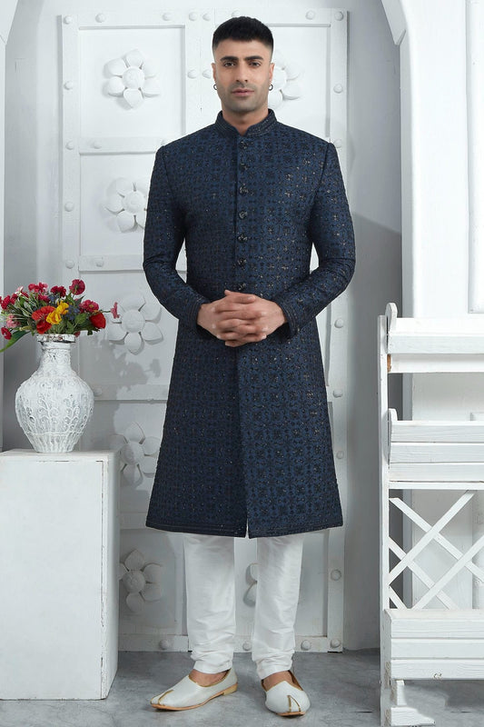 Blue Art Silk Sherwan With Churidar Pant NCSH12310294