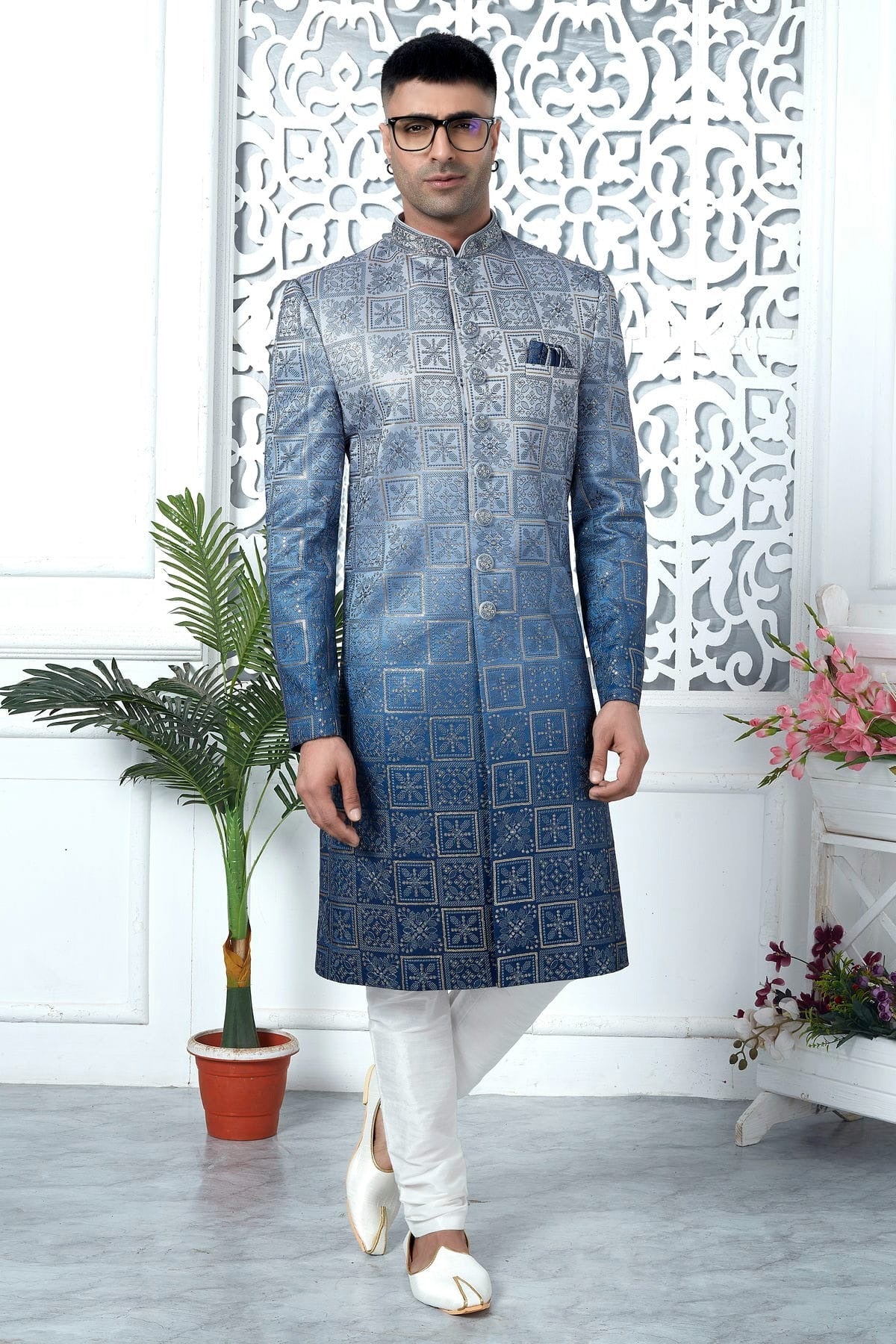 Blue Art Silk Sherwan With Churidar Pant  NCSH12310318