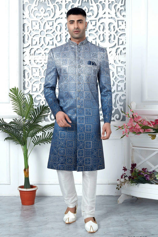 Blue Art Silk Sherwan With Churidar Pant NCSH12310318
