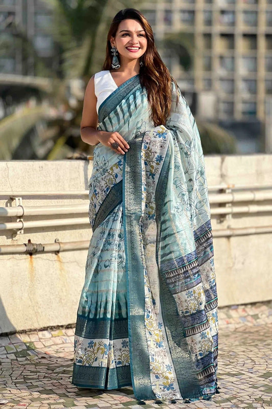 Blue Chanderi Crush Printed Saree NCSD11110997